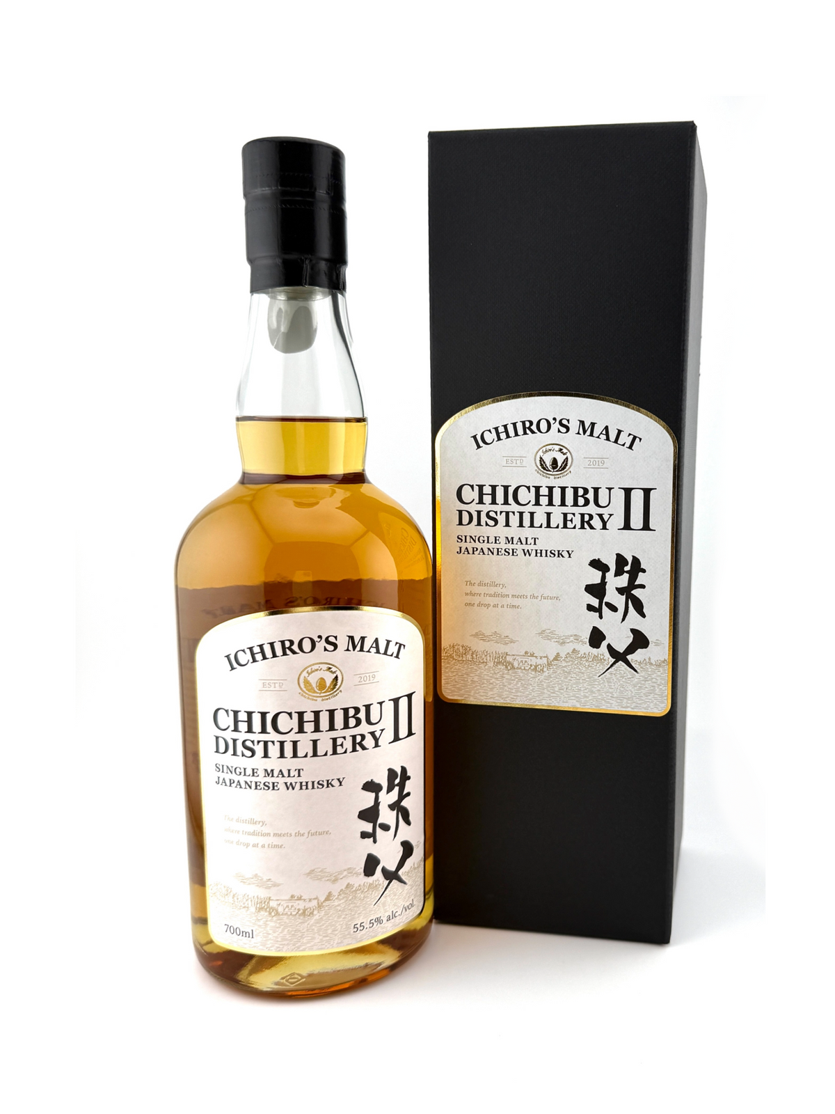 Chichibu II Japanese whisky bottle and box on a white background