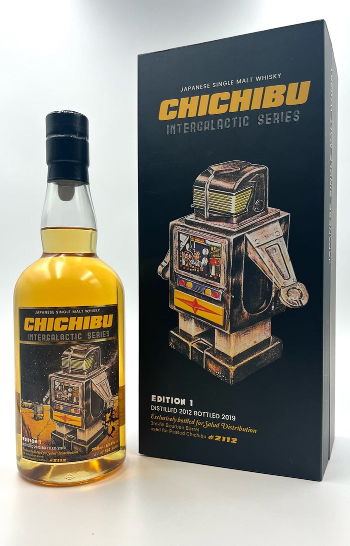 A bottle of Ichiro's Malt Chichibu 2012 - Intergalactic Series 1 single malt whisky next to its packaging featuring a stylized robot design.