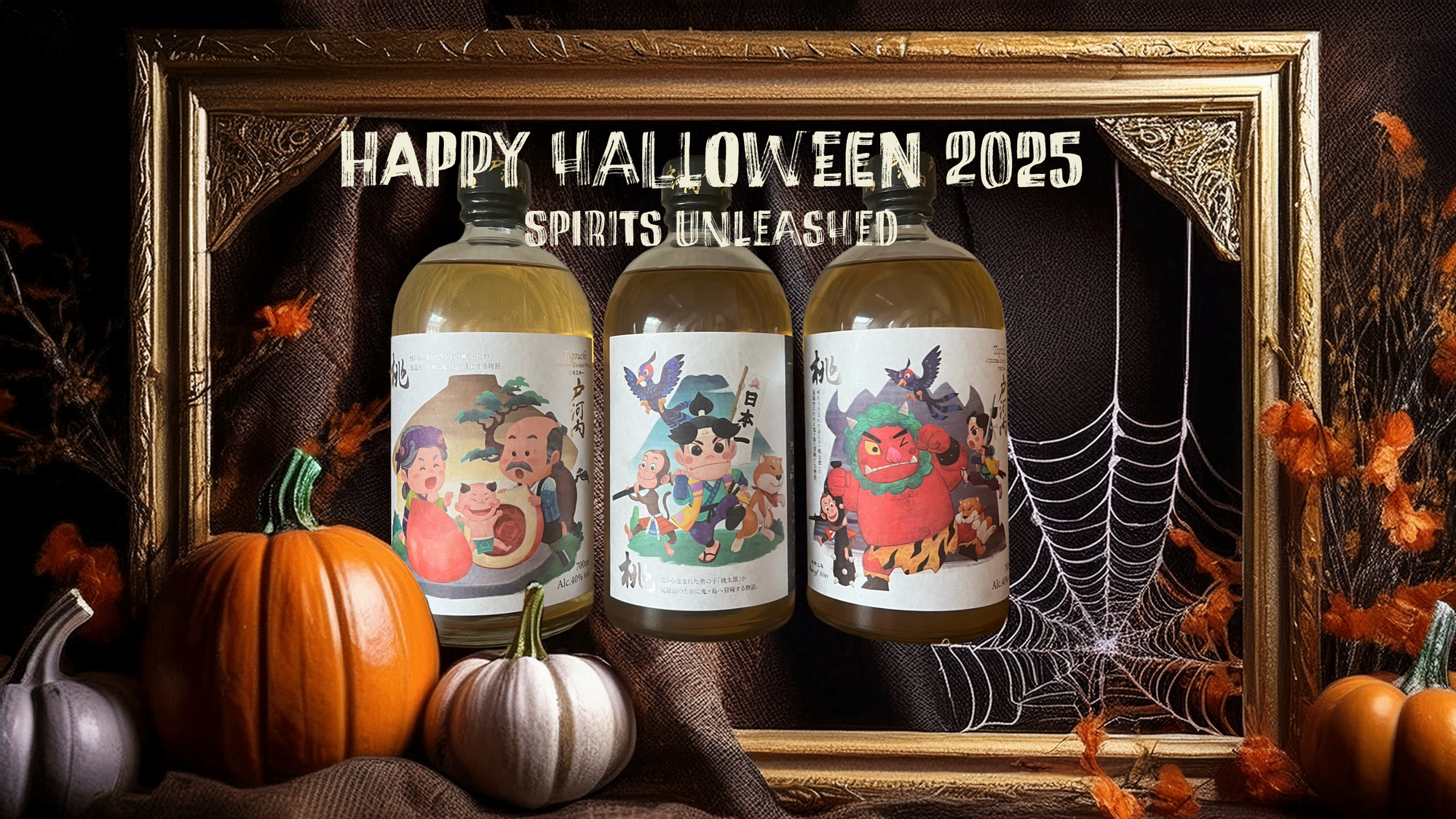 Three Halloween-themed bottles with decorative labels in front of a framed 'Happy Halloween 2025' sign.